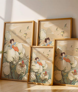 Illustration d'une fille sur des fleurs géantes avec des oiseaux volants et de la nourriture