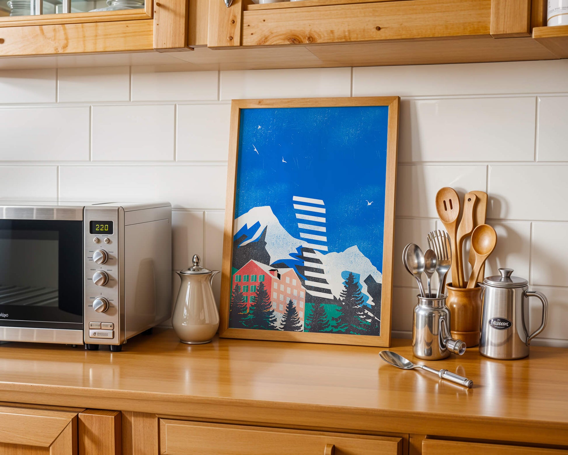 Mountain Resort in a Vibrant Landscape with Blue Sky and Birds