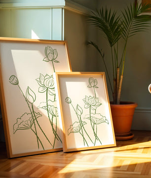 Ilustración de arte de línea verde de flores de loto con capullos
