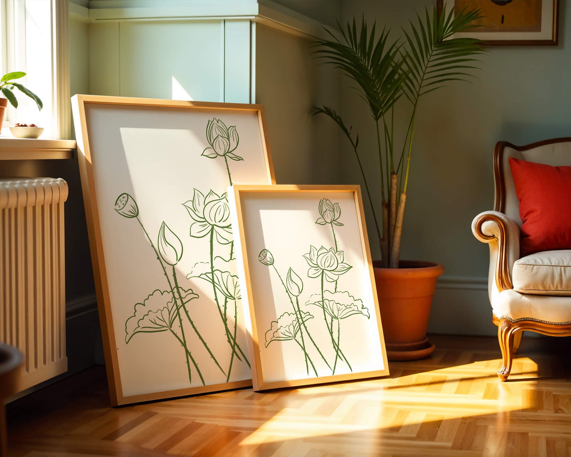 Ilustración de arte lineal verde de flores de loto con capullos