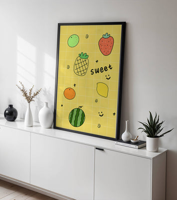 Playful fruit pattern on yellow grid background