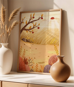 Autumn landscape illustration with apple tree and sunrise in a serene field
