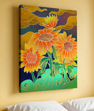 Vibrant sunflowers with intricate background patterns