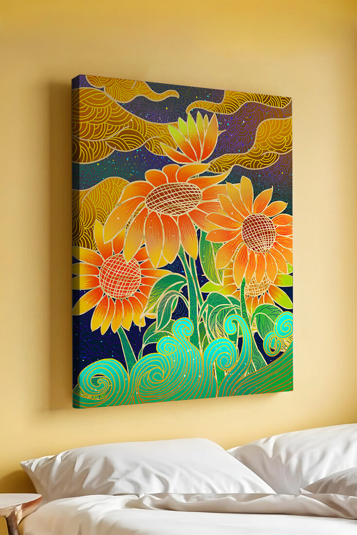 Vibrant sunflowers with intricate background patterns