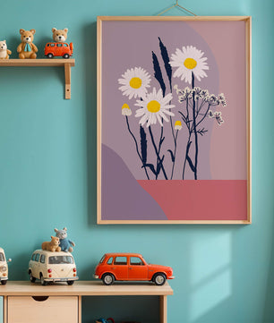 Illustrative floral artwork with daisies and abstract background