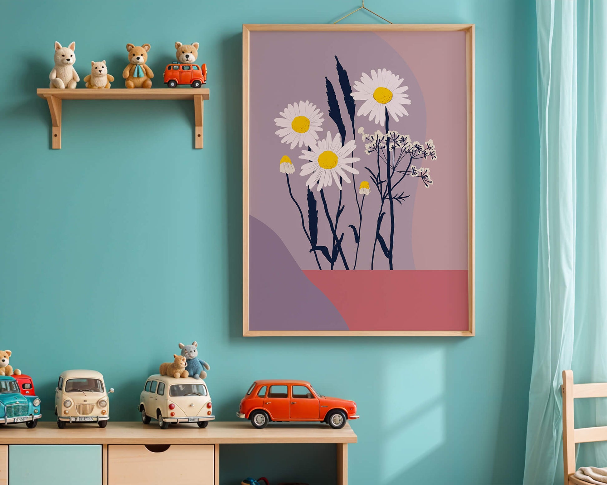 Illustrative floral artwork with daisies and abstract background