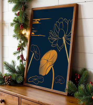 Golden Lotus Flowers in Abstract Night Sky