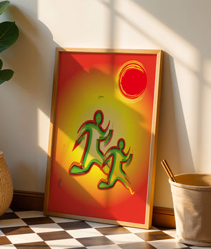 Abstract colorful figures under a vibrant sun with warm tones