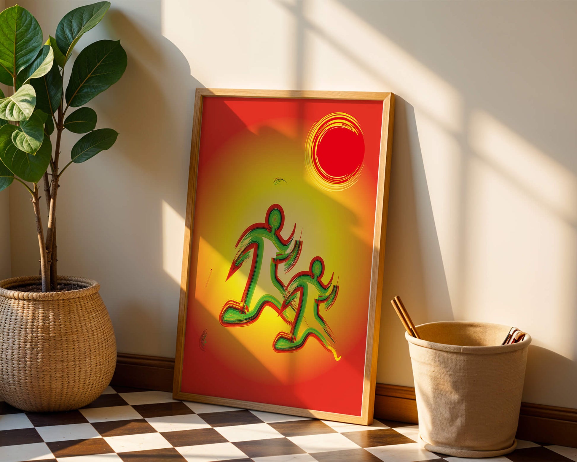Abstract colorful figures under a vibrant sun with warm tones