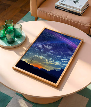 Starlit night sky with colorful sunset and silhouetted landscape