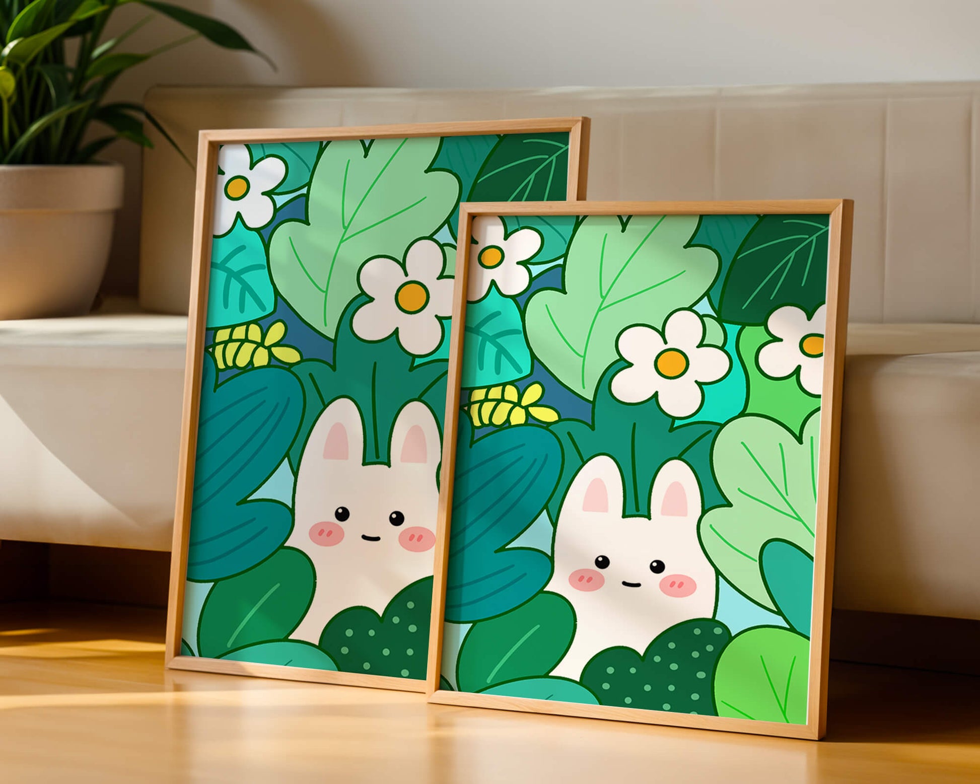 Illustration of a cute rabbit hidden among flowers and greenery