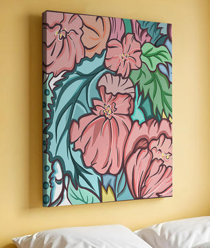 Elegant floral pattern illustration with pink blossoms and green leaves