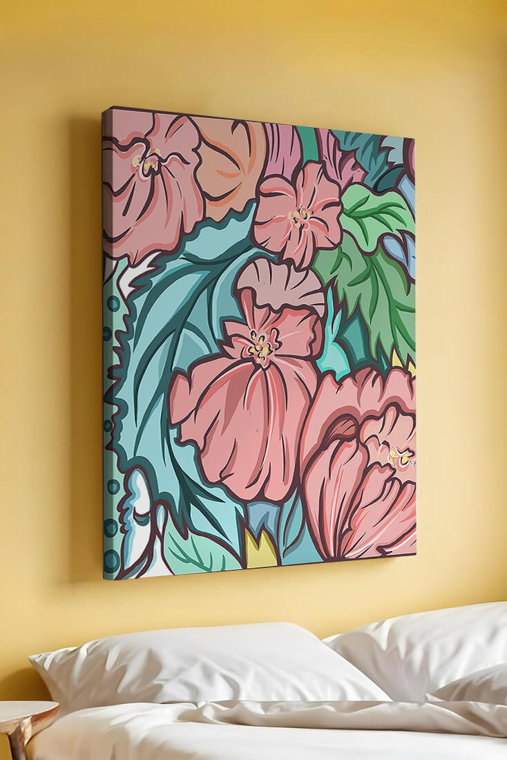 Elegant floral pattern illustration with pink blossoms and green leaves