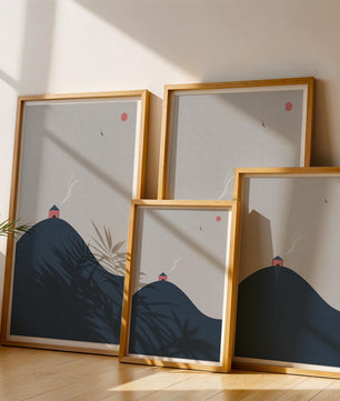 Minimalistische Landschaft mit Haus auf einem Hügel und Sonnenuntergang