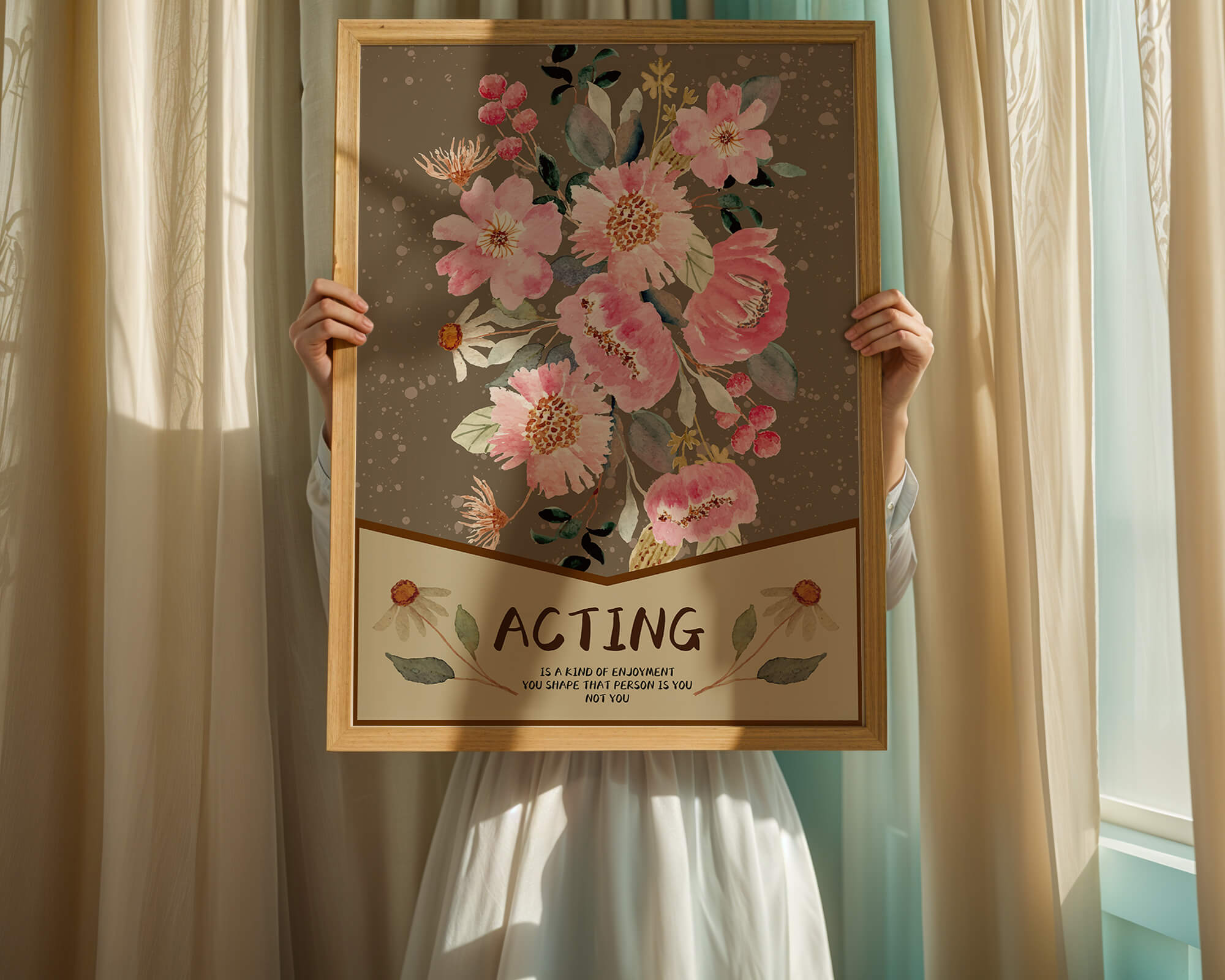 Floral watercolor illustration with motivational text on a brown dotted background