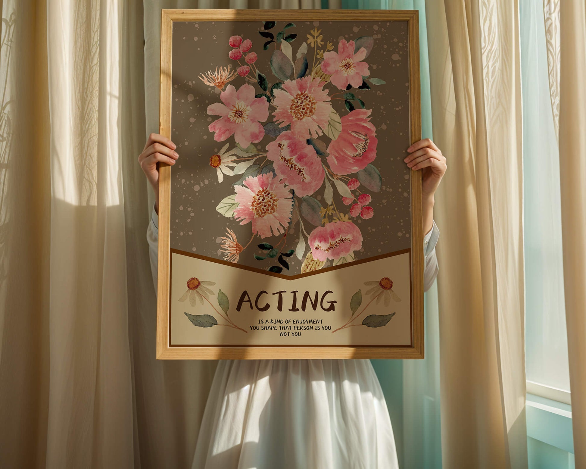Floral watercolor illustration with motivational text on a brown dotted background