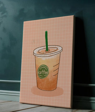 Taza de café helado ilustrada sobre fondo de cuadrícula de melocotón
