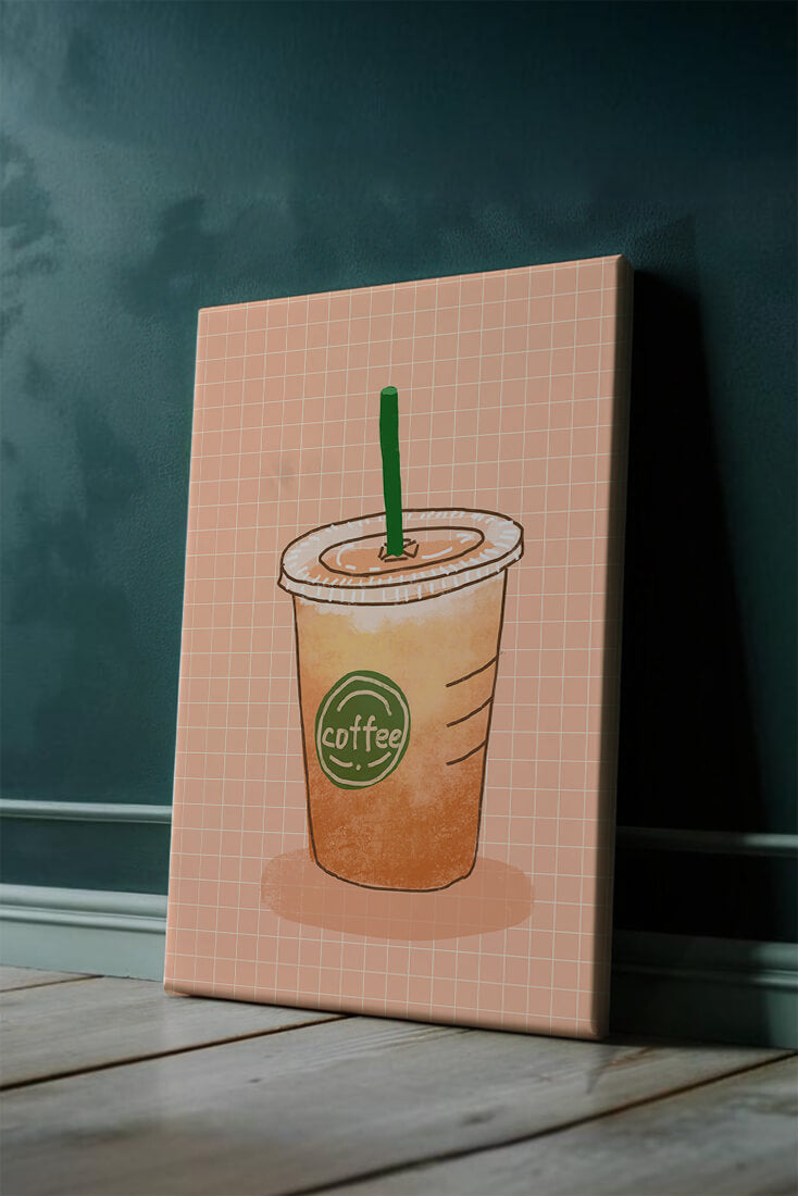 Illustrated iced coffee cup on peach grid background