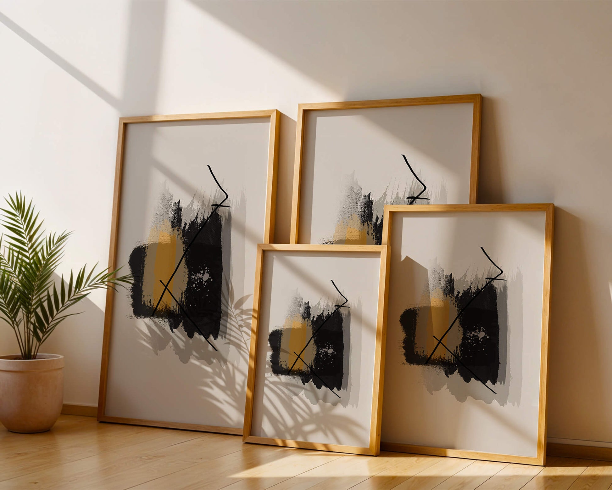 Abstract modern art with golden and black brush strokes