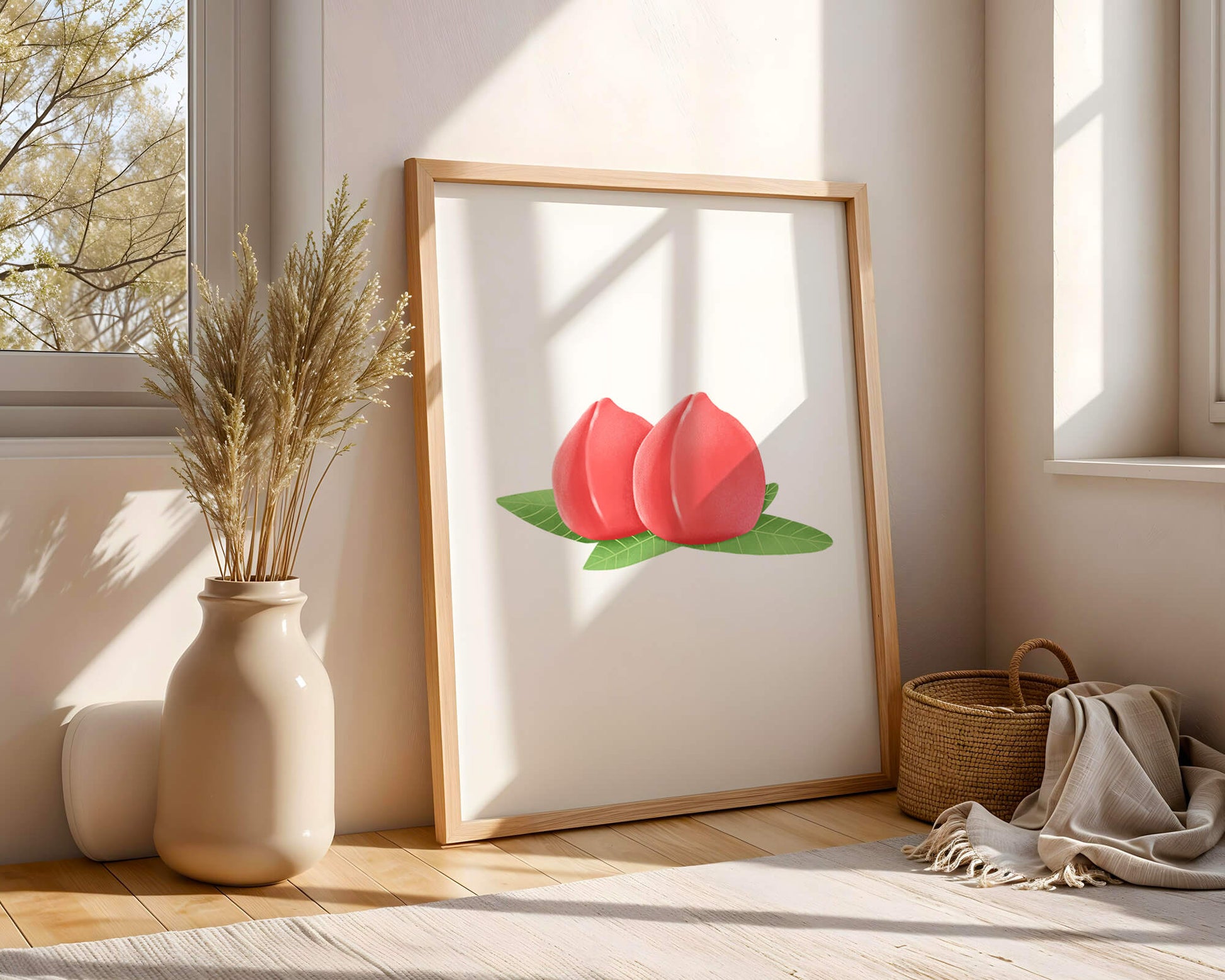 Realistic illustration of juicy peaches with green leaves