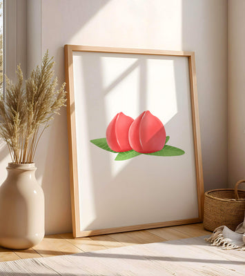 Realistic illustration of juicy peaches with green leaves