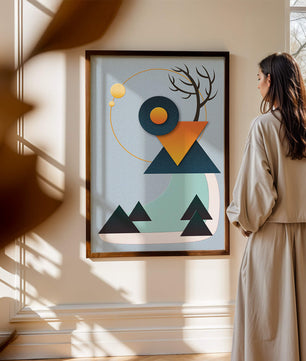 Abstract Geometric Landscape with Mountain and Sun - Mi tienda