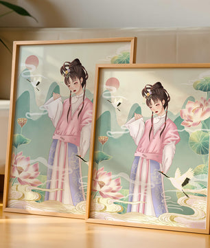 Femme élégante en tenue traditionnelle avec lotus en fleurs et grues