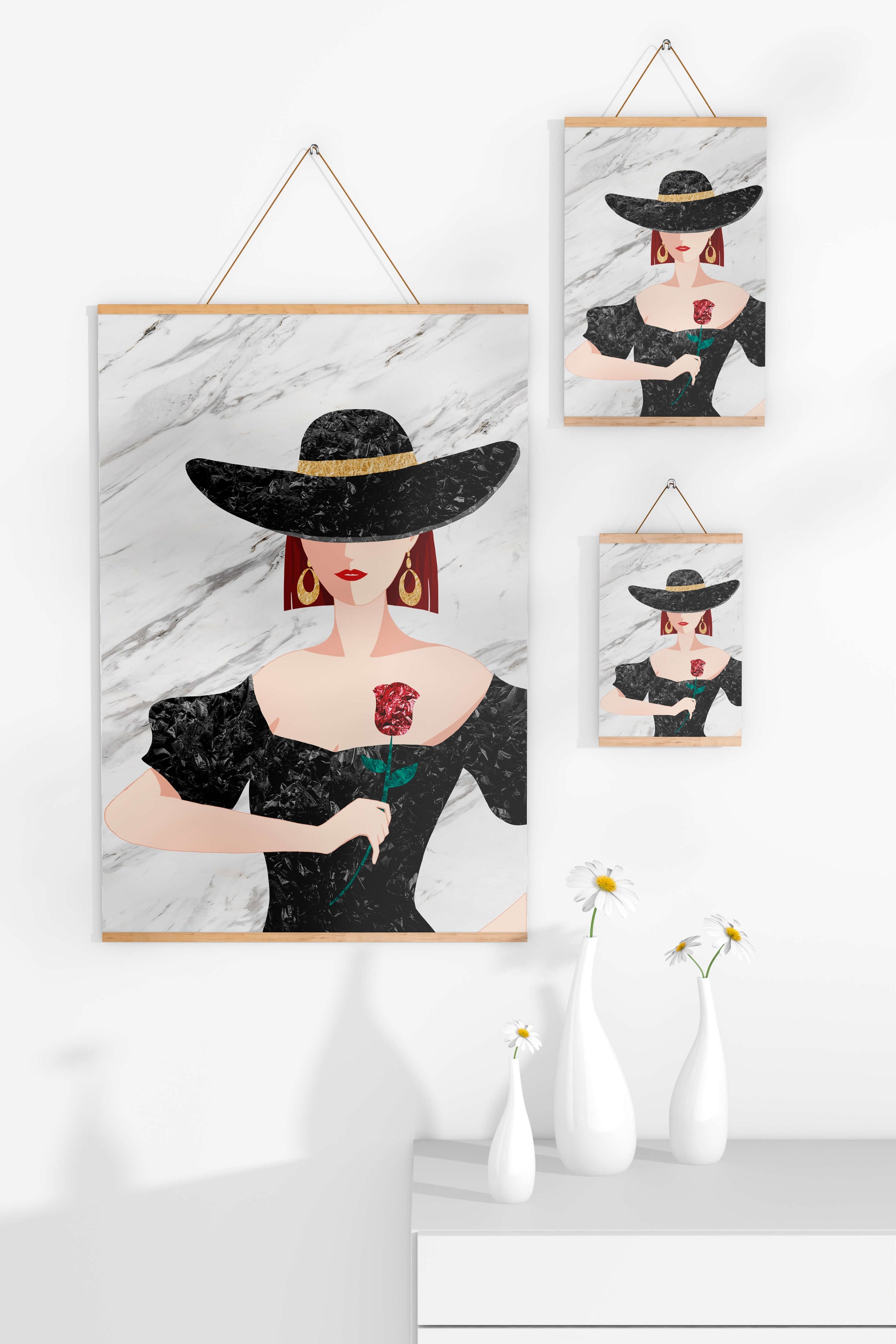 Elegante Frau mit stilvollem schwarzen Hut und roter Rose