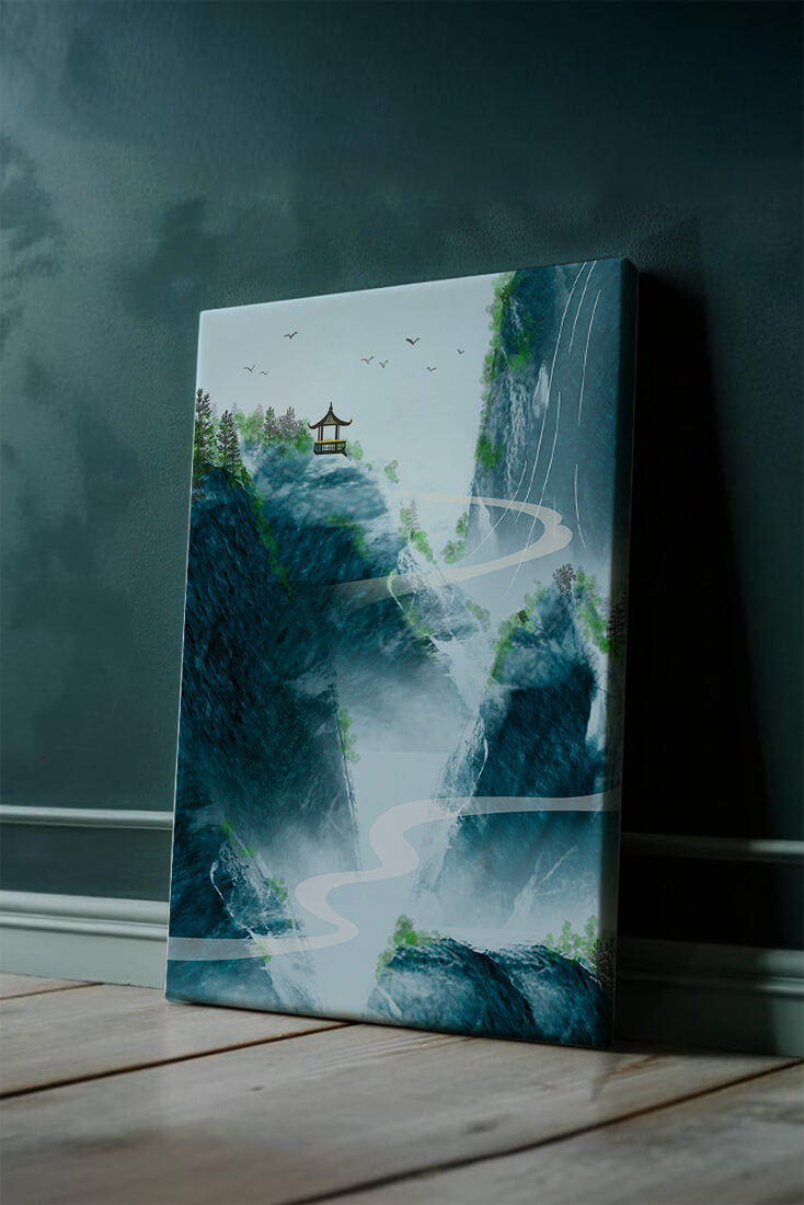 Paisaje montañoso sereno con pagoda y río serpenteante
