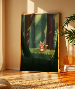 Charmante Illustration eines niedlichen Fuchses in einer ruhigen Waldlandschaft
