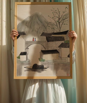 Serene mountain village ink painting with bridge and boat