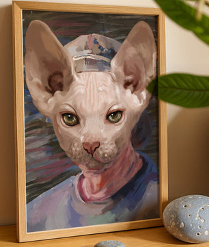 Painted portrait of a sphynx cat wearing a casual cap