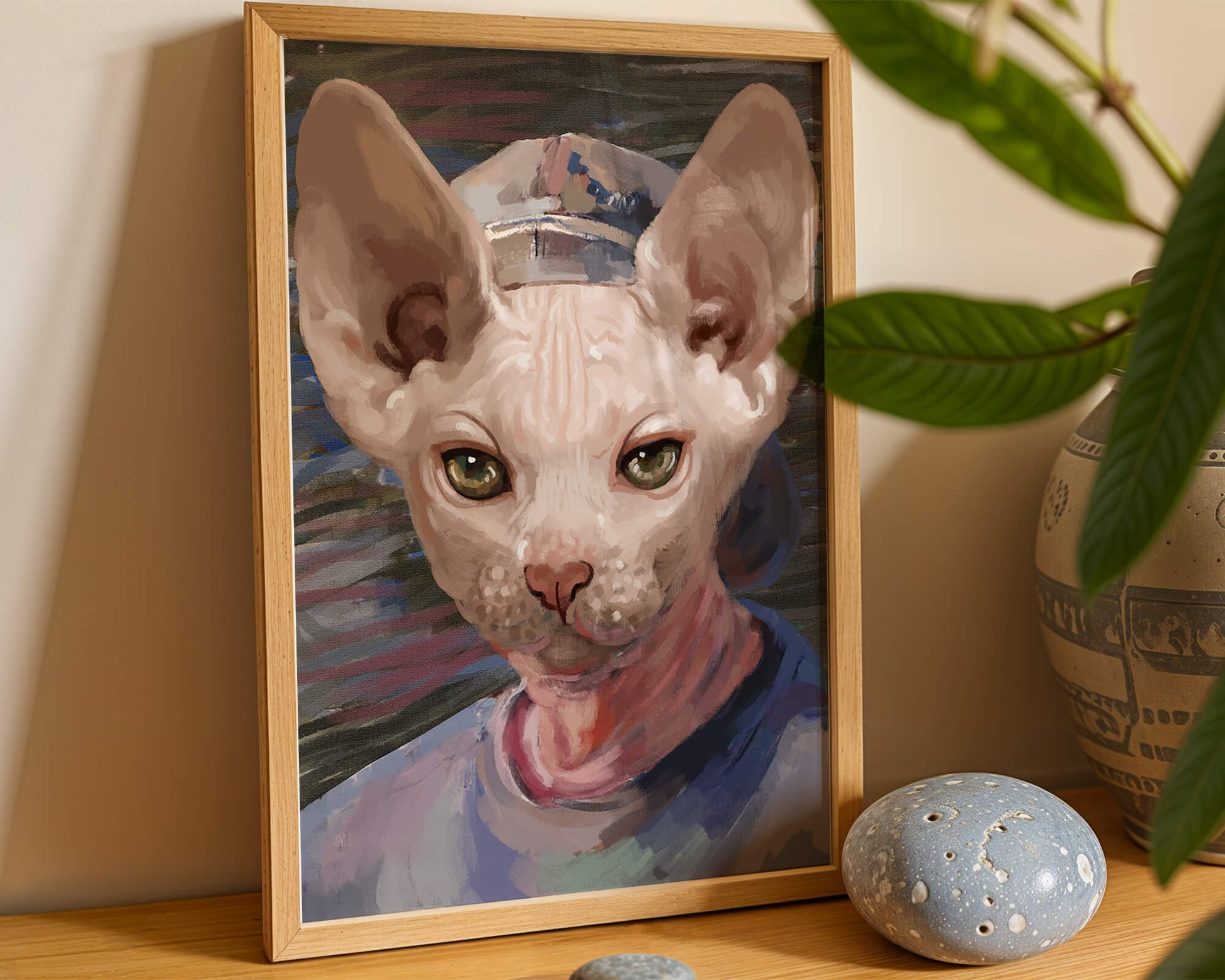 Painted portrait of a sphynx cat wearing a casual cap