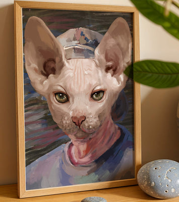 Painted portrait of a sphynx cat wearing a casual cap