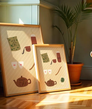 Illustración de un juego de té tradicional con hojas de té y accesorios