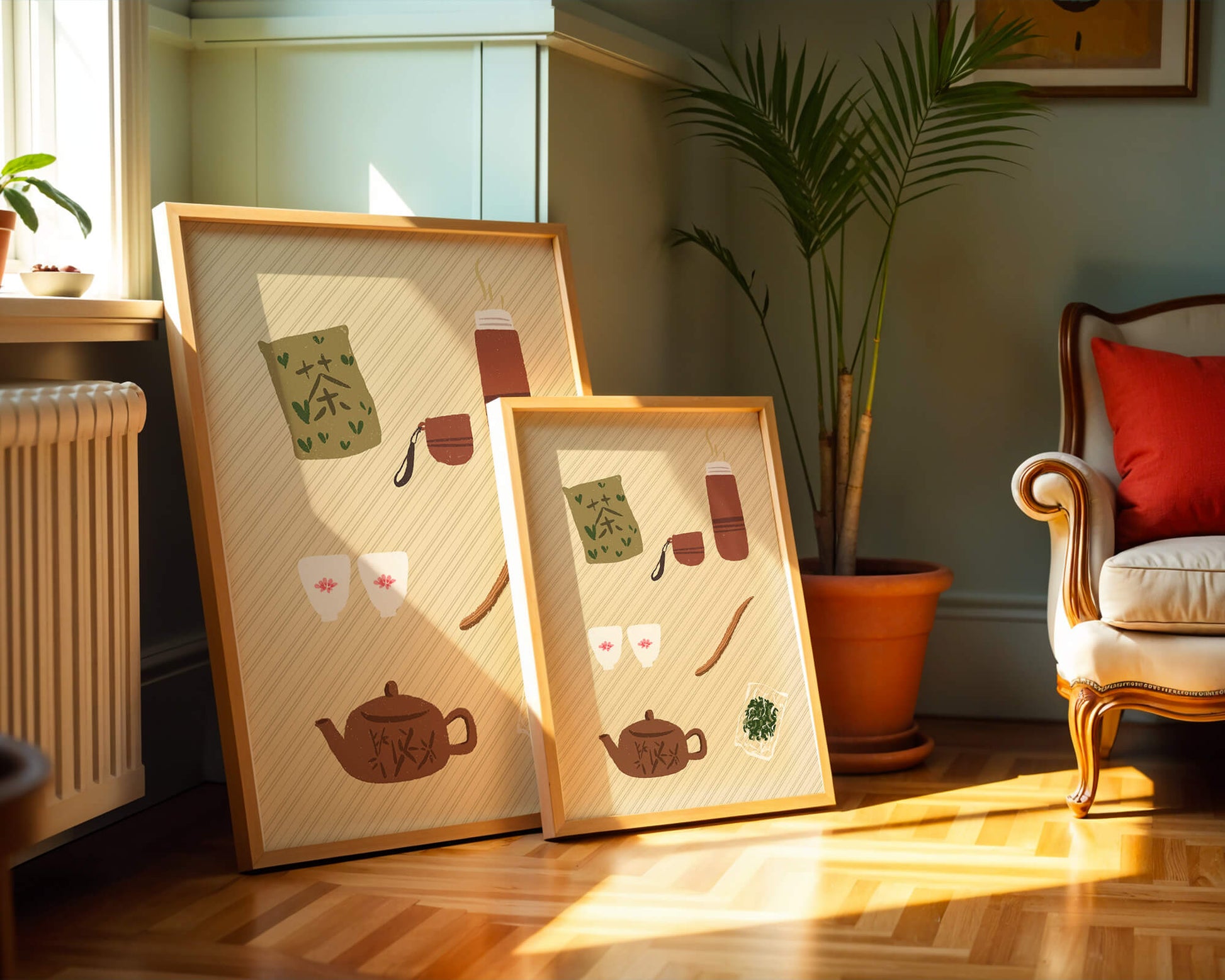 Illustración de un juego de té tradicional con hojas de té y accesorios
