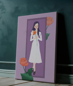Illustration of a woman holding a flower in a serene pose
