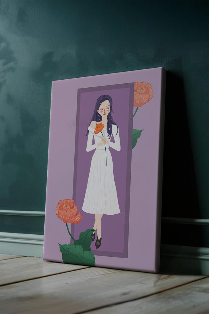 Illustration of a woman holding a flower in a serene pose