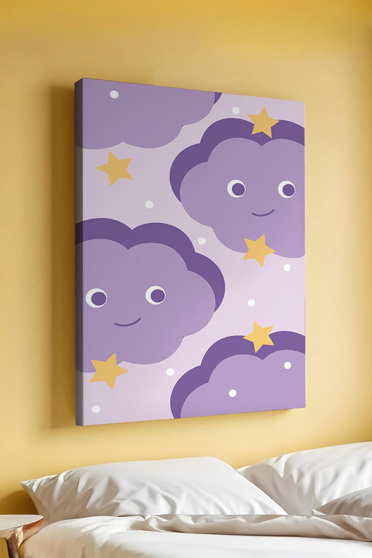 Whimsical purple cloud and star pattern for children's room decor