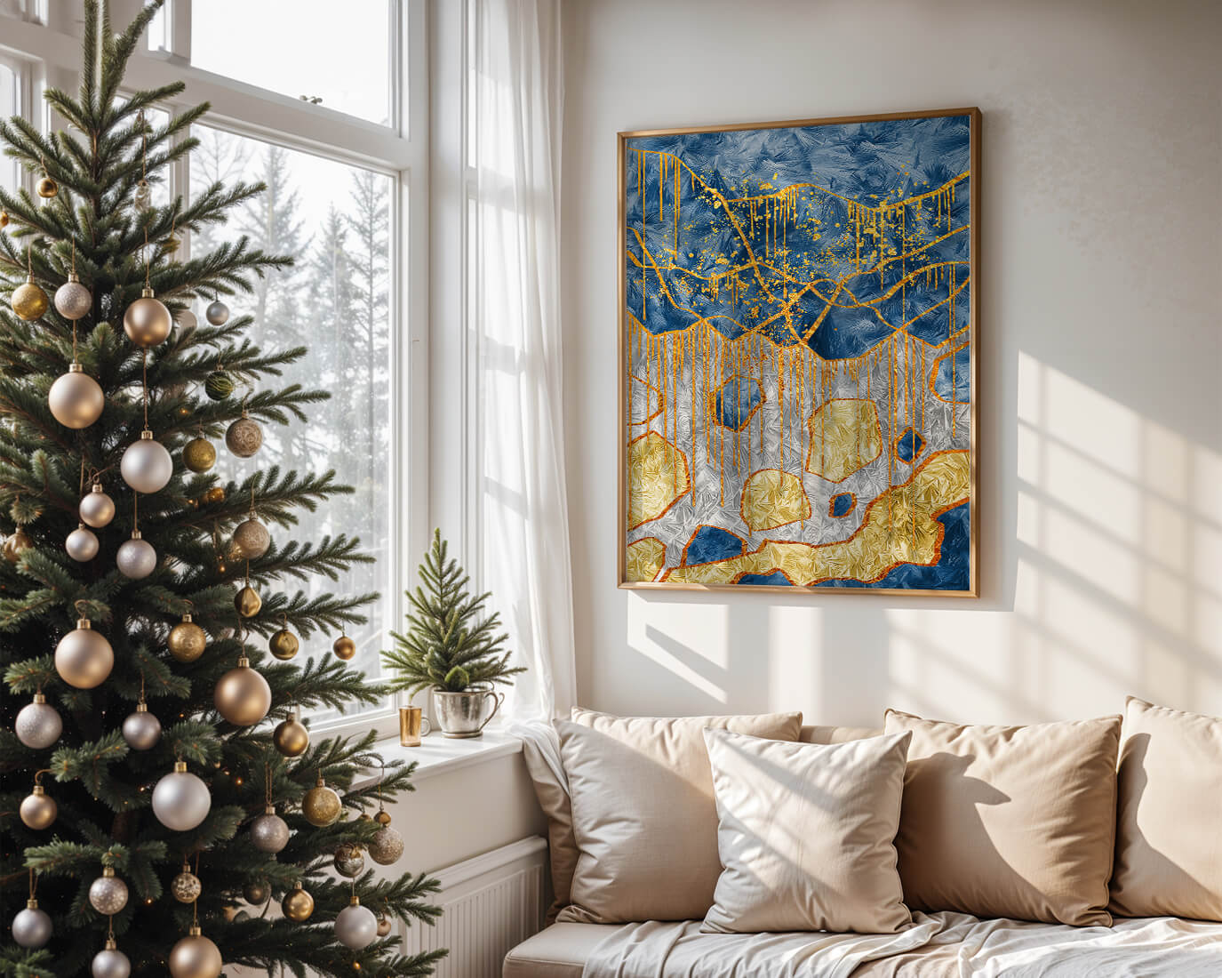 Abstract gold and blue textured art with dynamic splashes of color