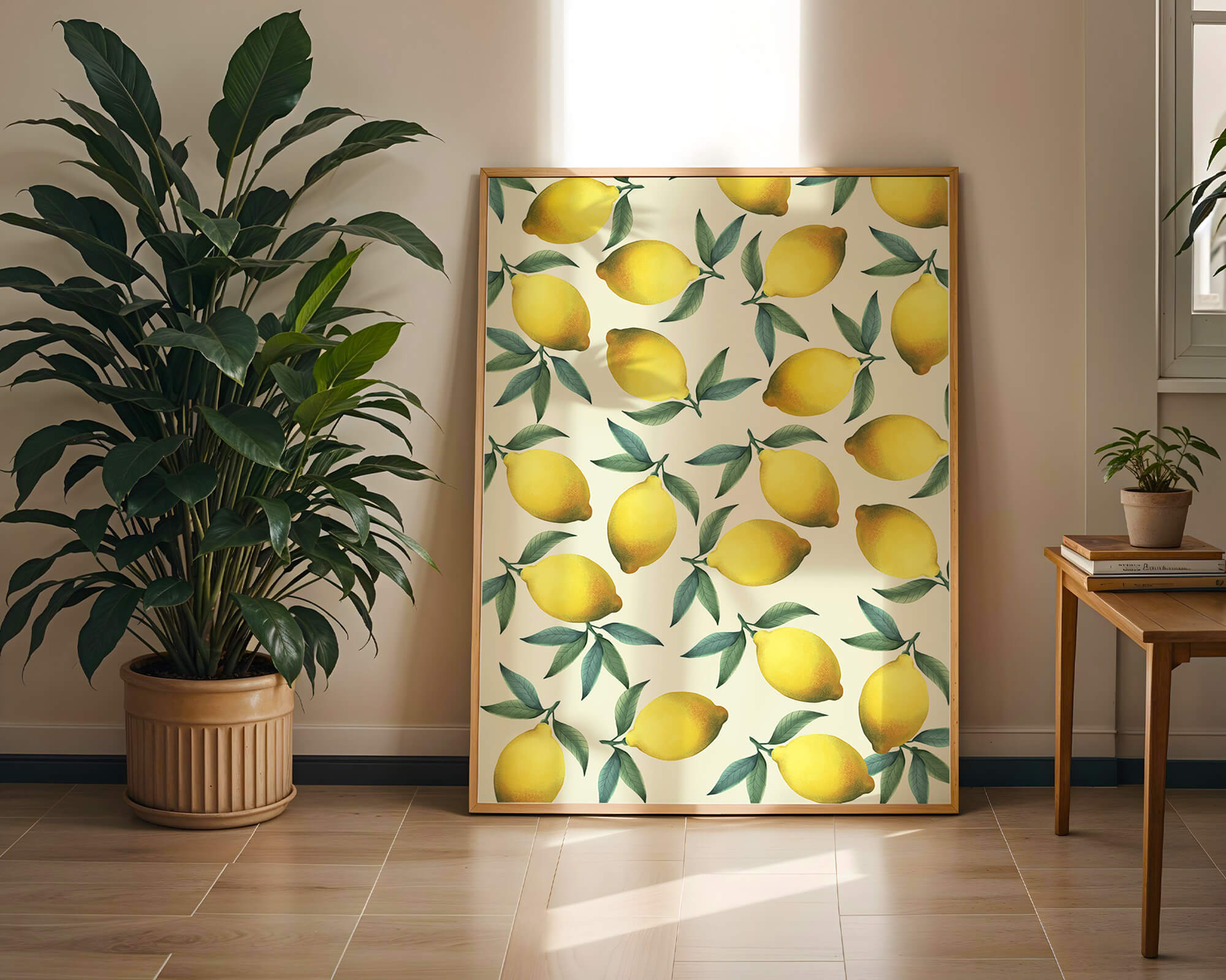 Vibrant lemon pattern with green leaves on a light background