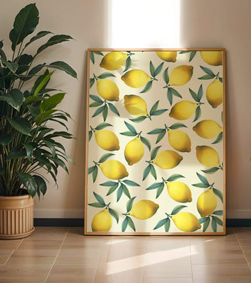 Vibrant lemon pattern with green leaves on a light background