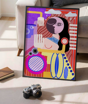 Abstrakte geometrische Kunst mit einer weiblichen Figur in leuchtenden Farben