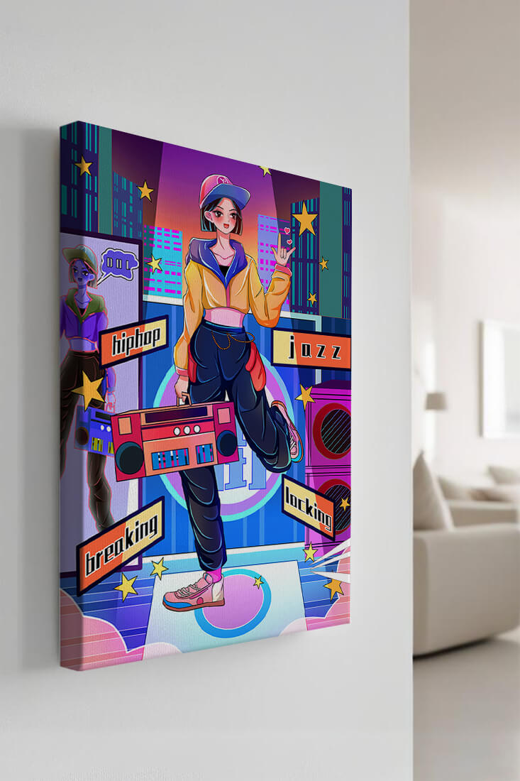 Colorful urban dance scene with hip hop and jazz elements