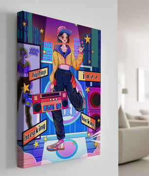 Escena urbana de baile colorida con elementos de hip hop y jazz