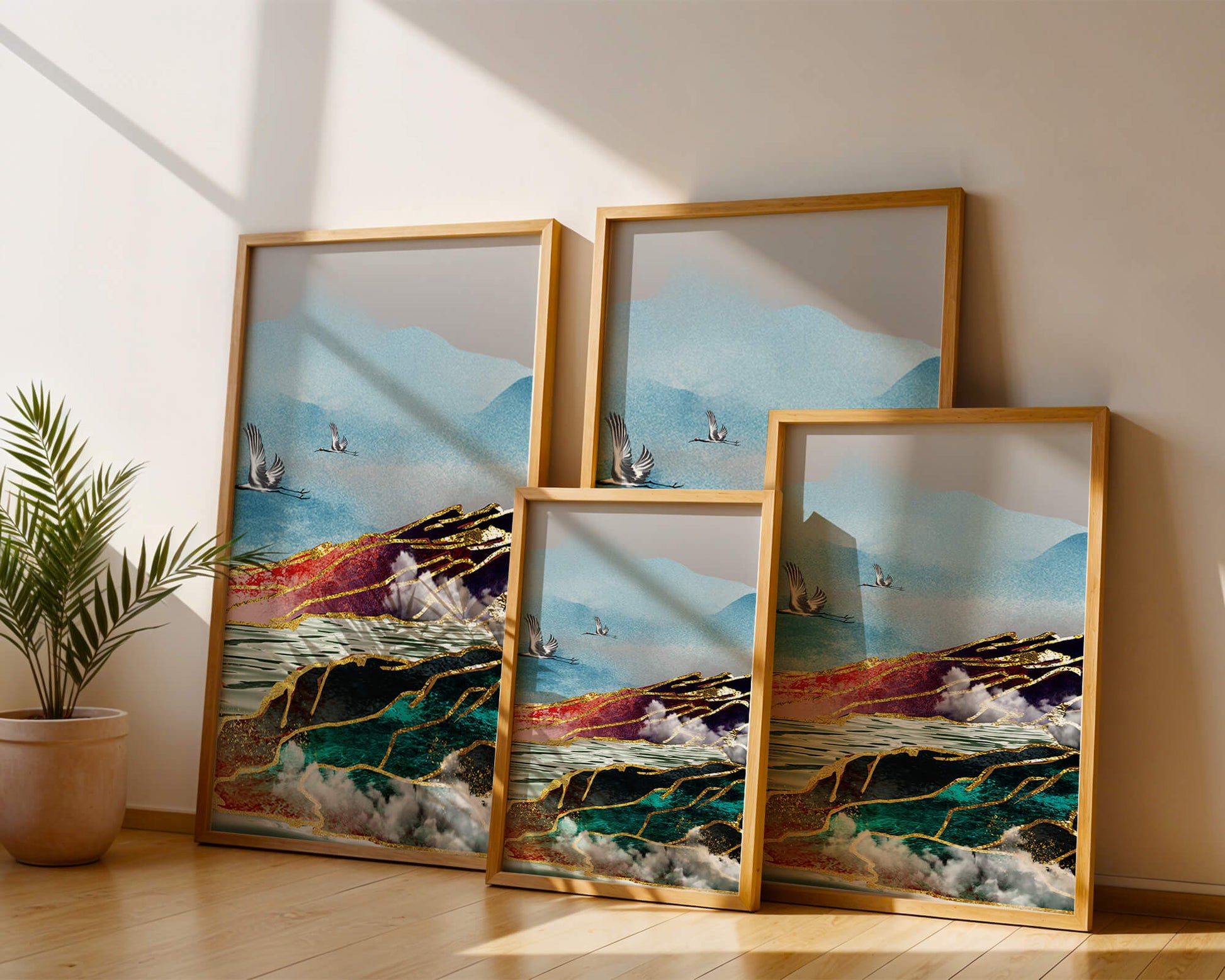 Majestic Landscape With Flying Cranes And Golden Accents