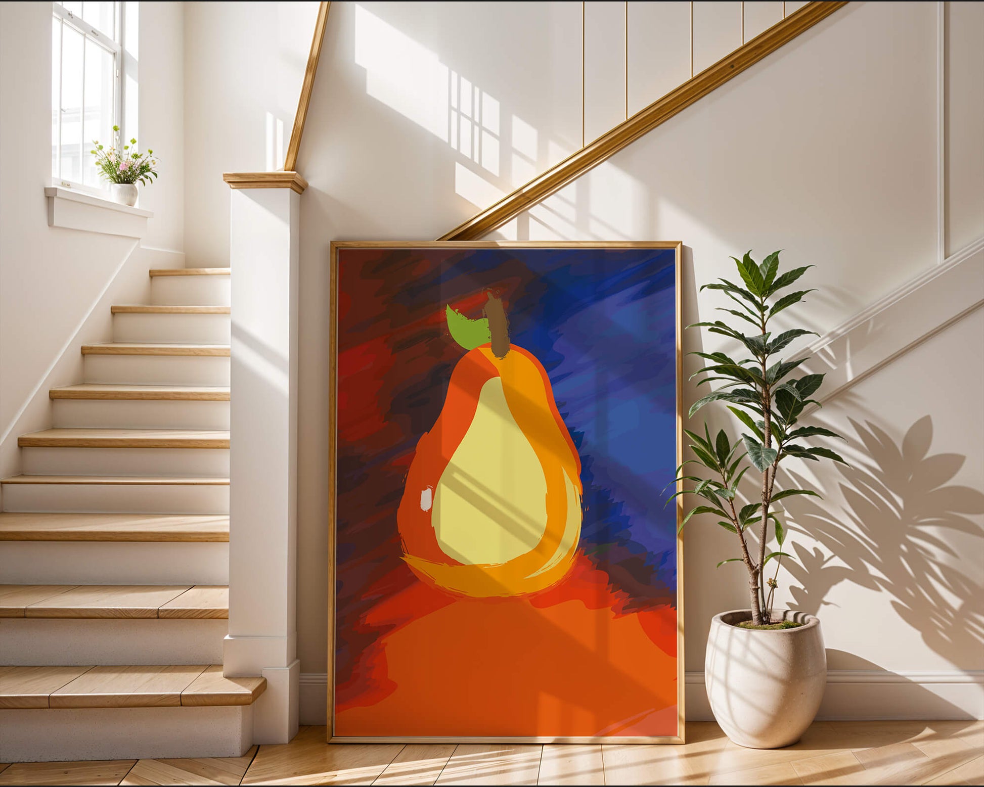 Pintura abstracta de una pera colorida sobre un fondo vibrante.