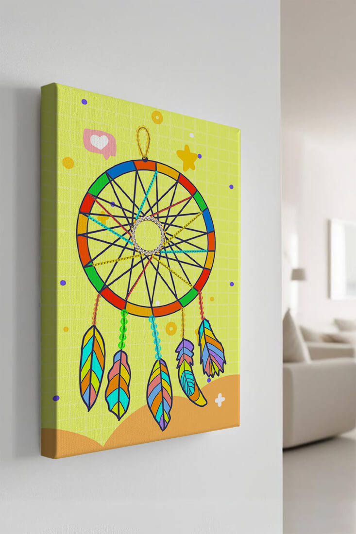 Colorful dreamcatcher on a vibrant yellow background