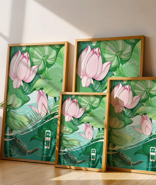 Illustration nature sereine avec fleurs de lotus et vie aquatique