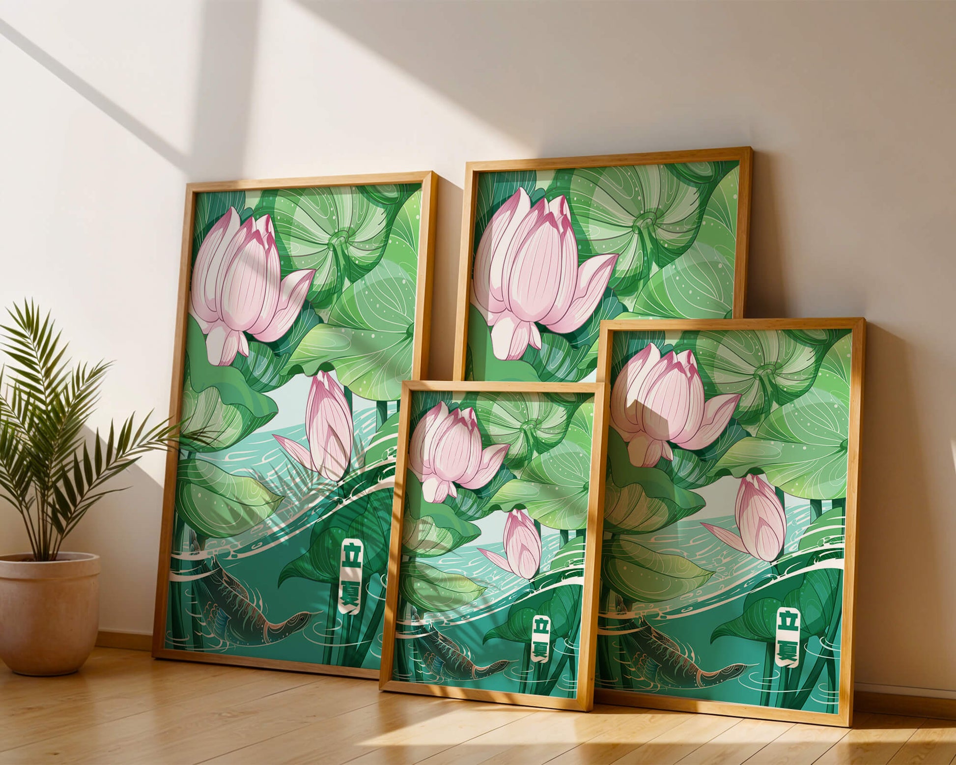 Ilustración de la naturaleza serena con flores de loto y vida acuática